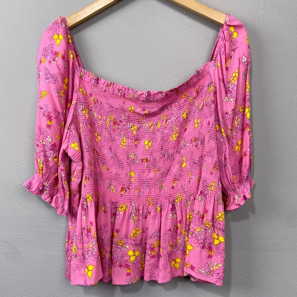 Scoop Pink Floral Cropped Blouse Size XXL Smocked Peplum Top Square Neck Cottage - Picture 7 of 12